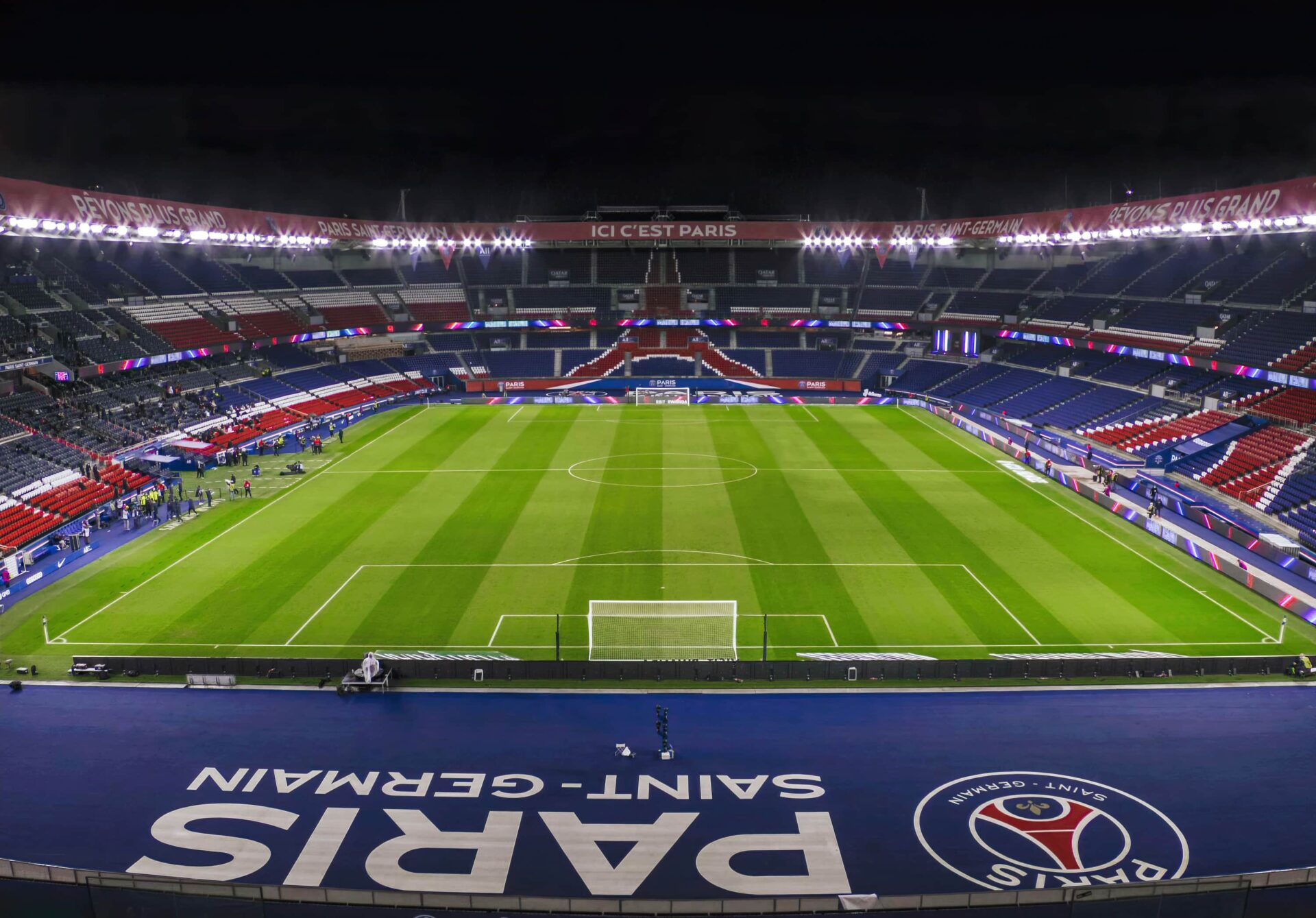 Parc des Princes stadium, part of the Sport Tour in Paris by CEI, showing the PSG football pitch and grandstands.