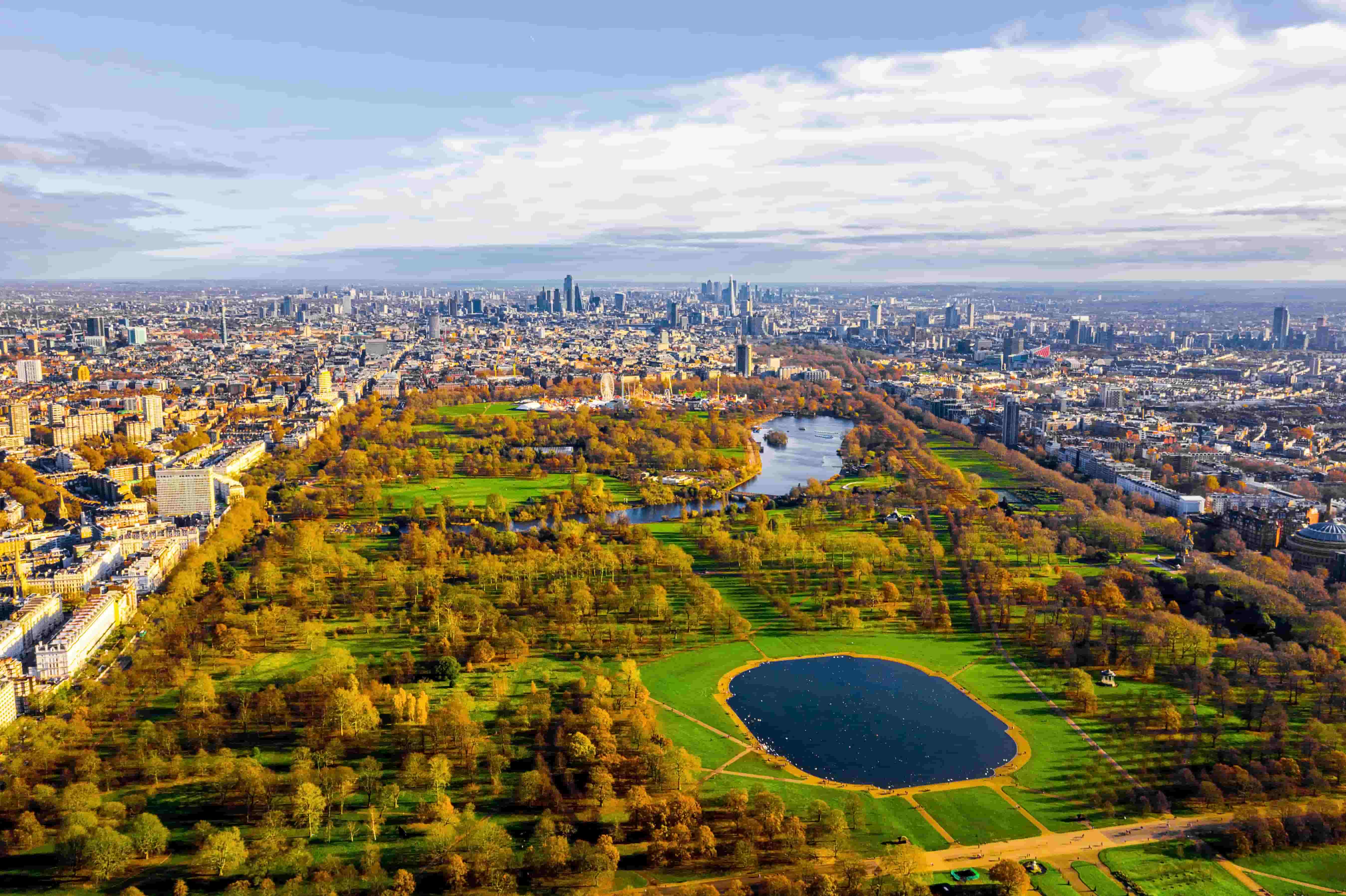 Vue aérienne de Hyde Park à Londres lors de la colonie de vacances à Londres et Liverpool