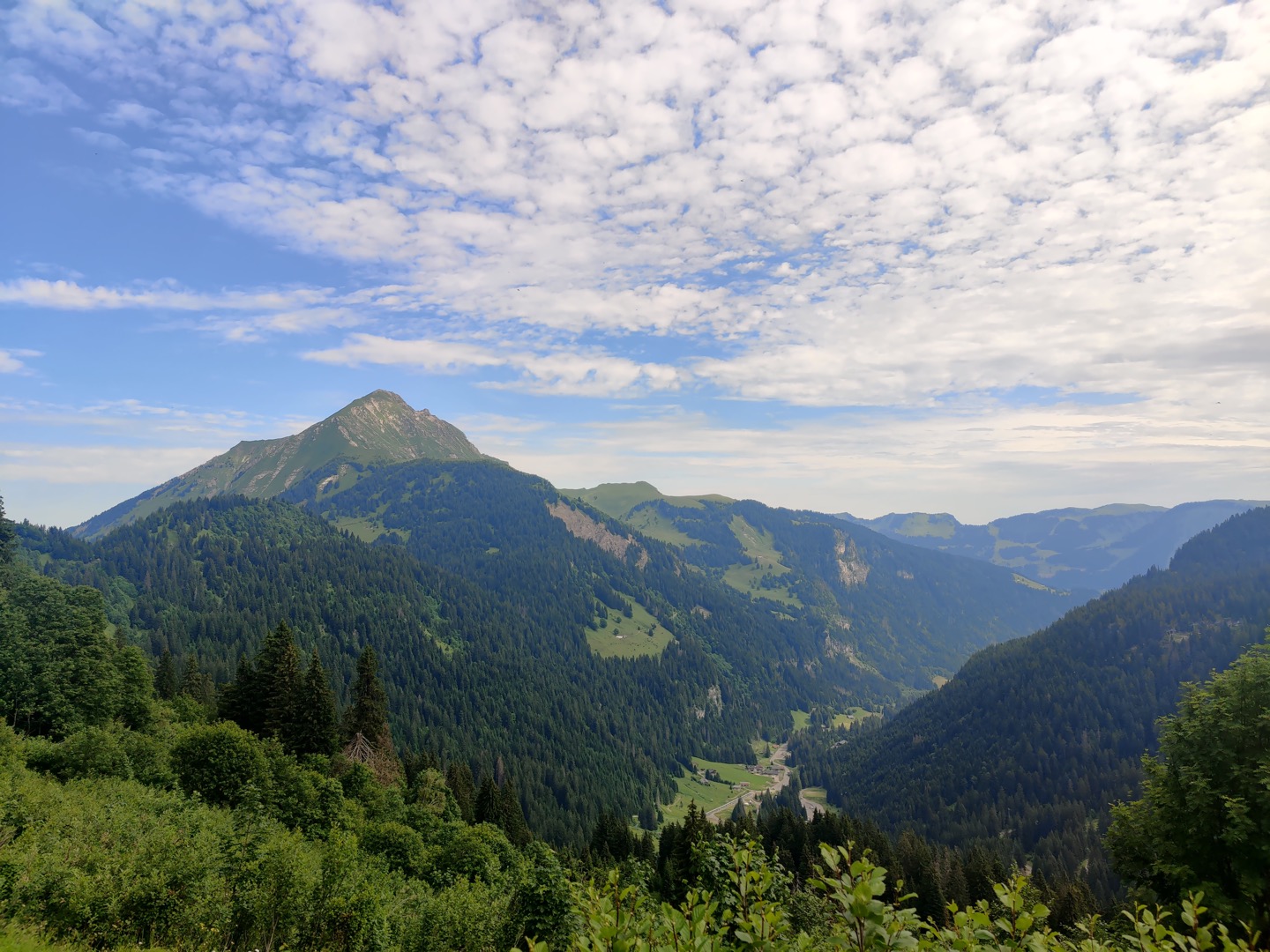 Vue sur les montagnes verdoyantes des Alpes pendant une colonie de vacances été.